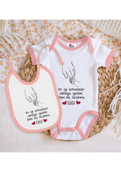 Bk Kids Baba Tasarımlı Pembe Bebek Body Zıbın Ve Mama Önlüğü Hedi Çok Renkli