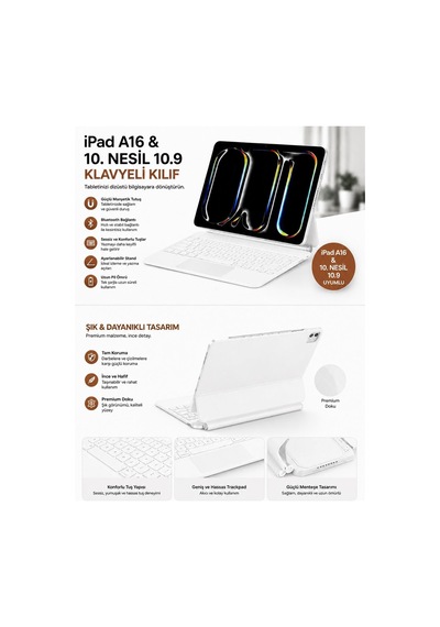 Apple iPad Uyumlu  11 A16 11.nesil/10.nesil 2022/2025 İçin Uyumlu X8 Magic Touchpad Işıklı Türkçe Q Klavyeli Kılıf A3355 A3354 Beyaz
