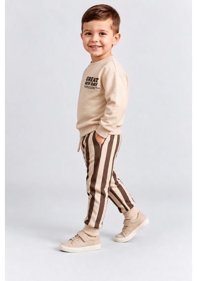 Ahengim Erkek Çocuk Great New Day Baskılı Sweatshirt Ve Çizgili Eşofman Altı 2 Li Takım Ak124 Kahverengi