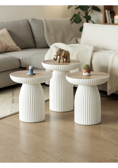 Msy Home Diamond 3'lü Bohem Mantar Zigon Ve Orta Sehpa Yan Sehpa Seti Beyaz-ceviz