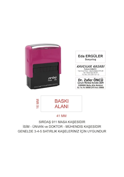 Sırdaş 911 Kişiye Özel İsim Makam Ve Ünvan Kaşesi - Pembe Makina Siyah Mürekkep
