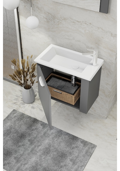 Biani Fix Maxila 60 Cm Seramik Lavabolu, Aynalı, Banyo Dolabı, Lavabo Dahil, Mdf,Mat Gri Biani Fix Maxila 60 Cm Seramik Lavabolu, Aynalı, Banyo Dolabı, Lavabo Dahil, Mdf,Mat Gri