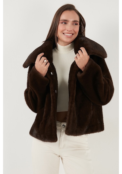 Lela Oversize Fit Geniş Yaka Astarlı Bayan Kürk 497Afra Kahve