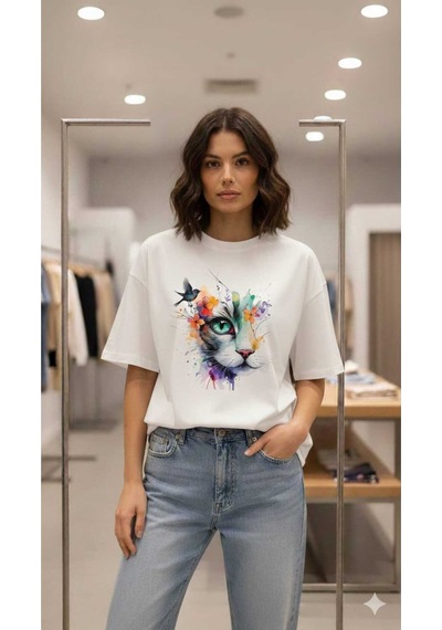 Kedi Baskılı Kuş Detaylı Oversıze T-shirt Beyaz