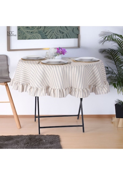 Dnc Home Tekstil  Gri Çizgili Keten Yuvarlak Fırfırlı Masa Örtüsü Griçizgili