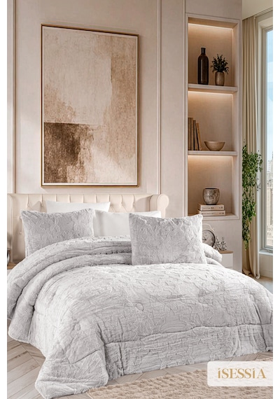 Lina Çift Kişilik Jakarlı Wellsoft Uyku Seti Çift Taraflı 230x250 Cm Çantalı Gri