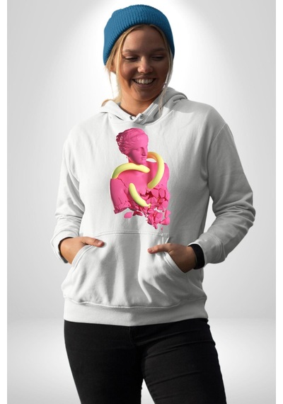 Pop Art Yaratıcı Heykel Pembe Kadın Erkek Beyaz Kapüşonlu Sweatshirt Hoodie Beyaz