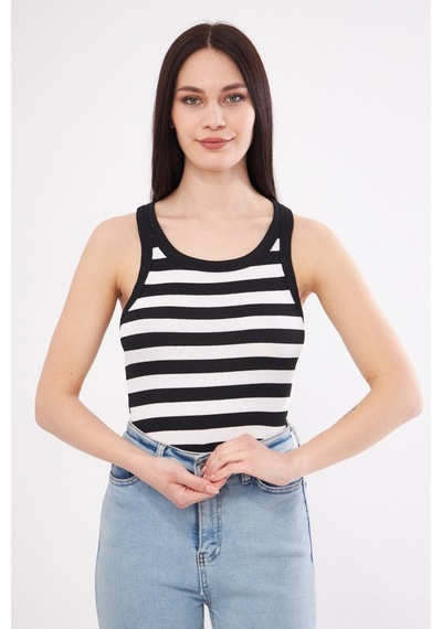 Mea Capio Kadın Siyah Beyaz Çizgili Fitilli Likralı T-shirt Halter Yaka Örme Atlet Siyah - Siyah