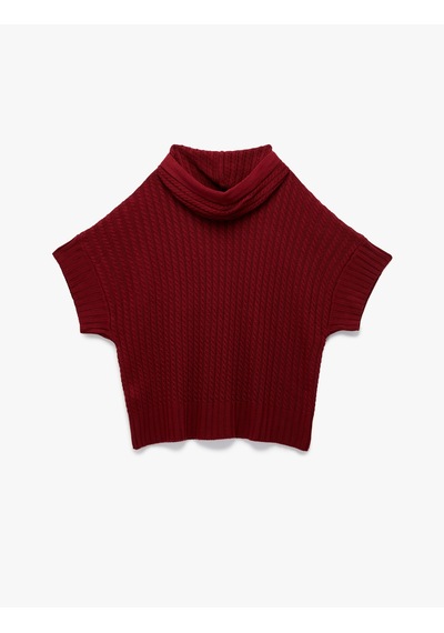 Koton Geniş Kısa Kollu Kapüşonlu Saç Örgüsü Dokulu Triko Oversize Panço Bordo 6wal90124ht