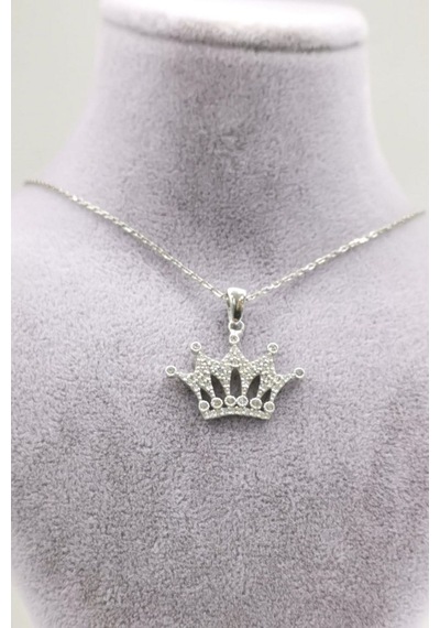 Omar Silver Kadın Kraliçe Taç Model Zirkon Taşlı Gümüş Kolye (513866400)