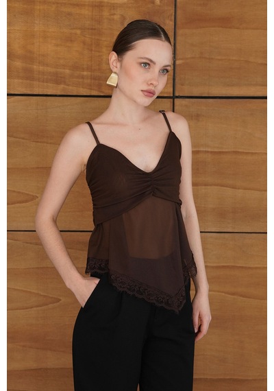 Verymoda D 2979 Askılı Dantel Detaylı Tül Bluz - D2979 Kahve