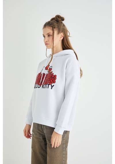 Hello Kitty Lisanslı Baskılı Kapüşonlu Kalın Sweatshirt Çok Renkli