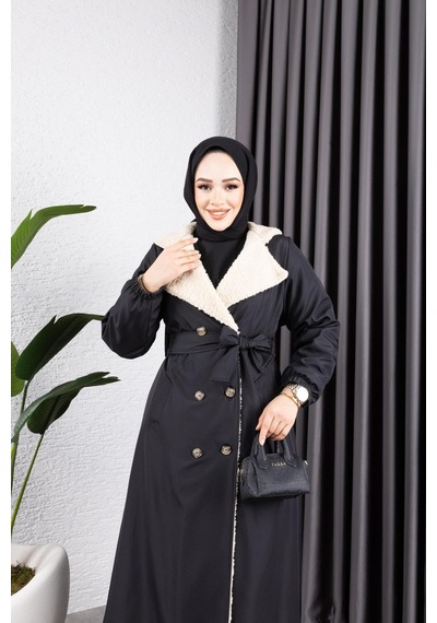 Harman Butik Kadın Düğmeli İçi Kürklü Mont Siyah Siyah