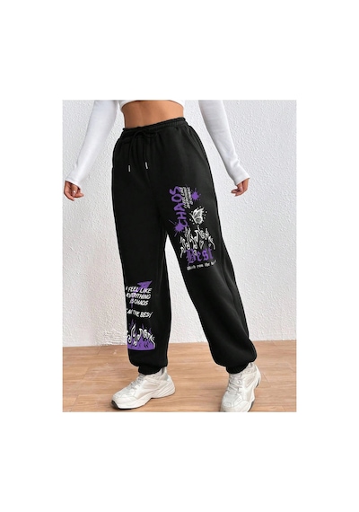 Tarzsokak Graphic Drawstring Waist 4 Mevsim Eşofman Siyah