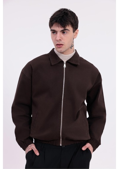 Erkek Gabardin Kumaş Fermuarlı Oversize Beli Lastikli Mevsimlik Ceket-265 Kiremit