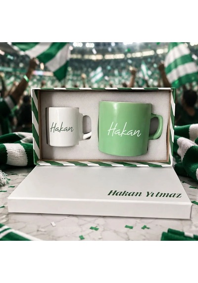 Bk Gift Kişiye Özel İsimli Kutulu Yeşil Beyaz Taraftar Renkleri Temalı İkili Seramik Kupa&fincan Seti-2 Çok Renkli
