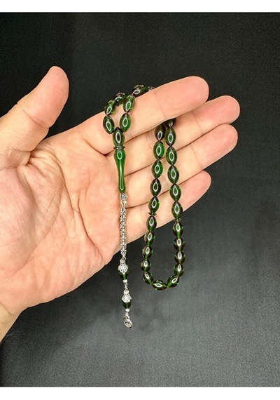 Ateş Kehribar Tesbih Arpa Kesim Yeşil Renk 6,5mm X 10,5mm T-538