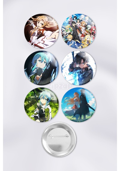 Sword Art Online Çanta Süsü Rozet İğneli Buton Rozet Seti 6 Adet Çok Renkli