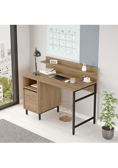Bohem Çalışma Masası 60x120cm Raflı Dolaplı Metal Ayaklı Sepet Boh16-s Kahverengi