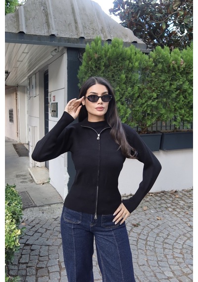 Kechi Woman Fitilli Triko Dik Yaka Fermuarlı Hırka Siyah
