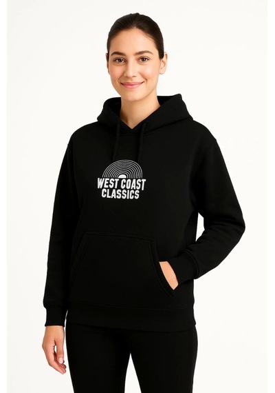 Etiler Collection Üç İplik Kapüşonlu Ön Ve Arka Baskılı Sweatshirt Hoodie - Siyah