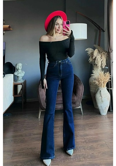 Woddi Tanye Lacivert İspanyol Yüksek Bel Toparlayıcı İspanyol Paça Solmaz Jeans Pantolon Laci Vert