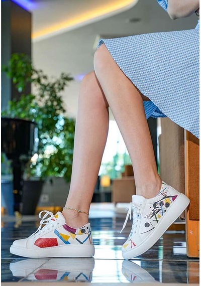 Kadın Vegan Deri Beyaz Sneakers - Crash Of Neuron Tasarım Çok Renkli