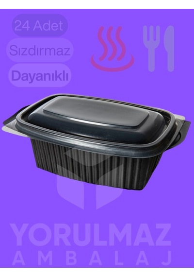 1000 Cc Pp Kapaklı Sıcak Yemek Kabı 24 Lü Mikrodalgaya Uygun Sızdırmaz Paket Servis Kabı Siyah