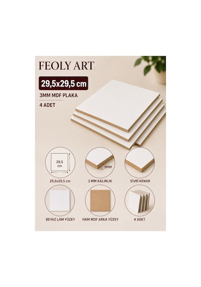 29,5x29,5 Cm 3mm Mdf Pasta Altlığı 4 Adet - Beyaz Lam Kaplamalı