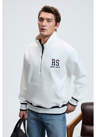 Grimelange PLATA Erkek Yarım Fermuarlı Kanguru Cepli Etek Ve Kolda Triko Detay Relaxed Fit Ekru Sweatshirt