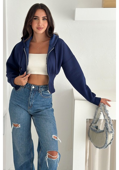 Kadın Siyah Fermuarlı Hoodie Minimal Sokak Ruhuyla Lacivert
