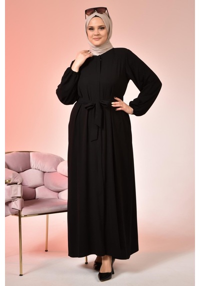 Kadin Buyuk Beden Tesettur Ferace Fermuarlı Yandan Baglamalı Kusaklı Ferace Elbise Oversize 001