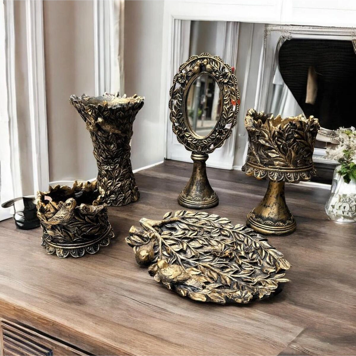 Dekoratif Polyester Kuşlu Beşli Salon Konsol Seti Gold Eskitme