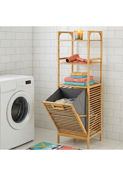 Porsima 120 Cm Doğal Bambu Banyo Düzenleyici Raf - Katlanabilir Kirli Sepetli Çok Amaçlı Banyo Dolabı Ahşap