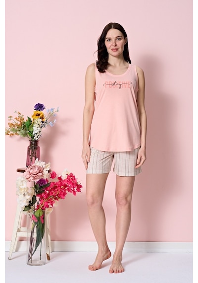 Over Sleep By Poleren Kadın Şortlu Pijama Takımı Kolsuz & Sıfır Kol Pamuklu Penye Açık Pembe