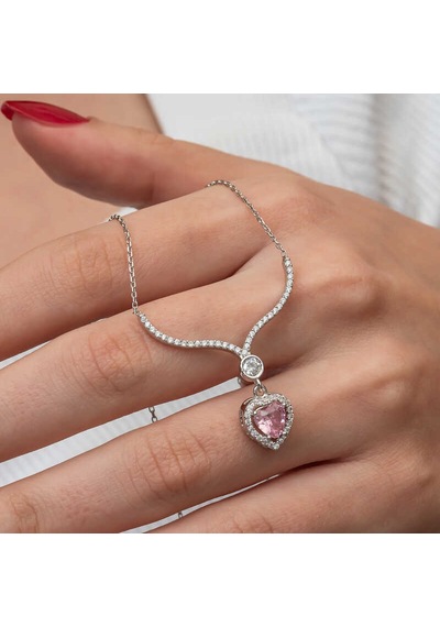Gümüş Pembe Zirkon Taşlı Kalp Kadın Kolye Çok Renkli