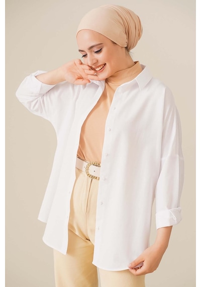 Bigdart 103901 Oversize Basic Tesettür Gömlek - Beyaz 001