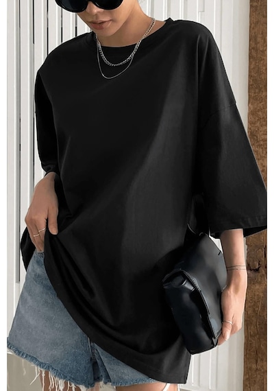 Siyah Basic Düz Baskısız Oversize Salas Boyfriend Kadın T-Shirt Siyah Siyah Basic Düz Baskısız Oversize Salas Boyfriend Kadın T-Shirt Siyah