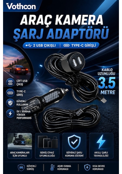 Araç Kamera Şarj Adaptörü 2 Usb'li Type-c Girişli 3.5 Metre Kablo Uzunluğu Ürün Kamera Değildir Siyah