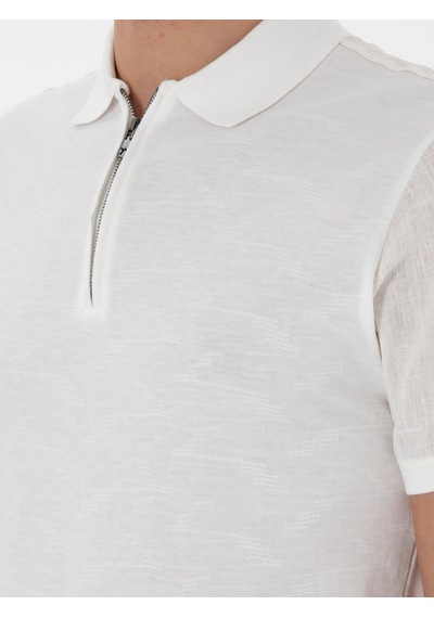 Ekru Regular Fit Fermuarlı Polo Yaka Desenli T-shirt Bej