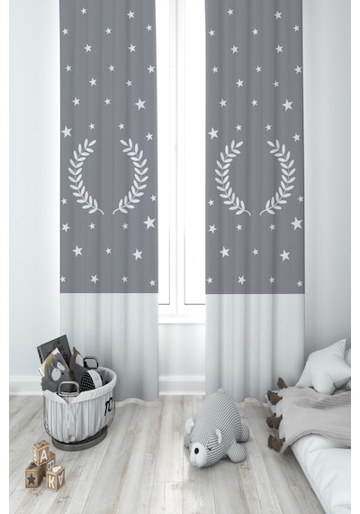 Mekta Home Bebek Ve Çocuk Odası Çelenk Yıldız Desenli Çerçeveli Gri 2 Kanat Fon Perde