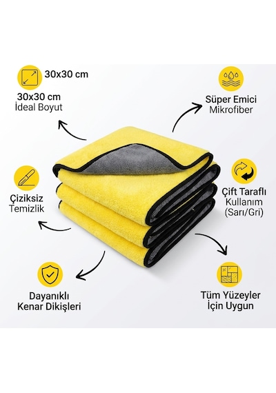 Premium Oto Yıkama Kurulama Bezi 30x30 Cm Çift Taraflı Mikrofiber Araç Temizlik Bezi Süper Emici