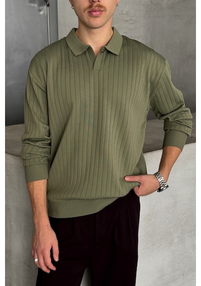 Erkek Polo Yaka Fitilli Oversize Triko Kazak Haki