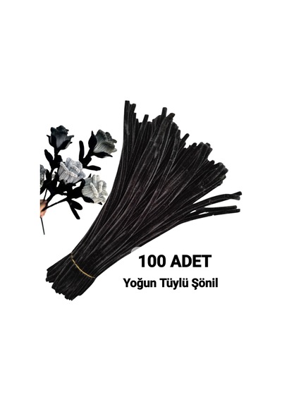 100 Adet Siyah Şönil, Çiçek Yapımına Uygun Tüylü Tel, 30 Cm 6 Mm