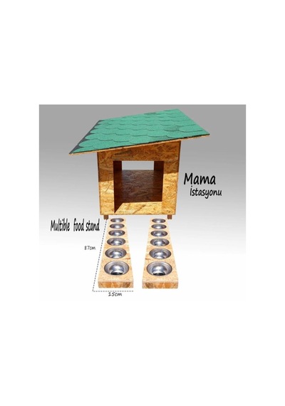 Çatılı Kedi Evi + Çelik Kaseli Mama ve Su Kabı İstasyonu