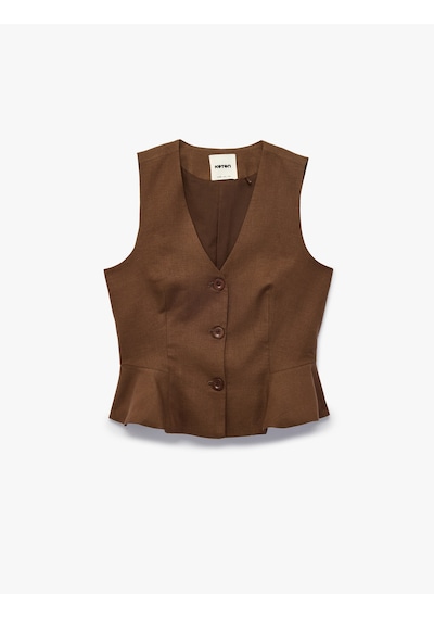 Koton V Yaka Düğmeli Peplum Keten Yelek Kahverengi 6sak20102pw Kahve