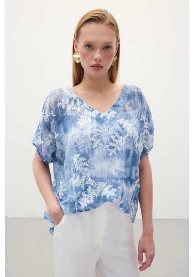 Sateen Nakışlı Kısa Kol Bluz - İndigo-136300 Indigo