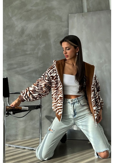 Verymoda Leopar Baskılı Peluş Mont F1650 Taba Zebra