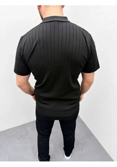 Efnaz Style Erkek Yazlık Triko Saç Örgü Tişört Kısa Kol Polo Yaka Fermuarlı T-shirt - Siyah Bej