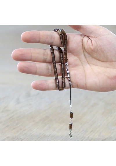 Tesbihane Sıkma Kehribar Tesbih - 925 Ayar Gümüş Püsküllü - Mini Boy - Kahverengi Beyaz - Kesme Kesim Çok Renkli